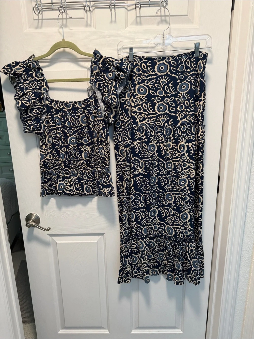 Navy Floral Ruffle Two-Piece Set - Top & Midi Skirt